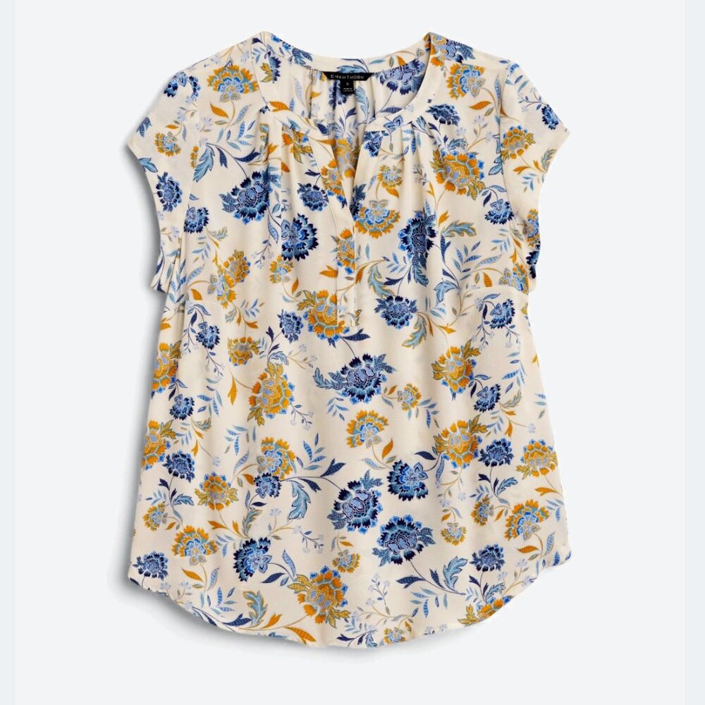 Cap Sleeve Split Neck Printed Blouse